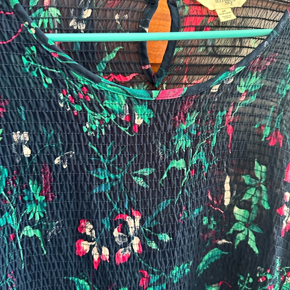 Terra & Sky Navy Floral Smocked Top with Teal and Pink Accents